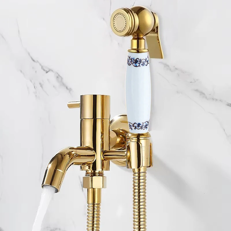 

Blue And White Porcelain Hand Held Bidet Sprayer Douche Toilet Kit Bidet Faucet Gold Round Shattaf Shower Head Brass Valve Set
