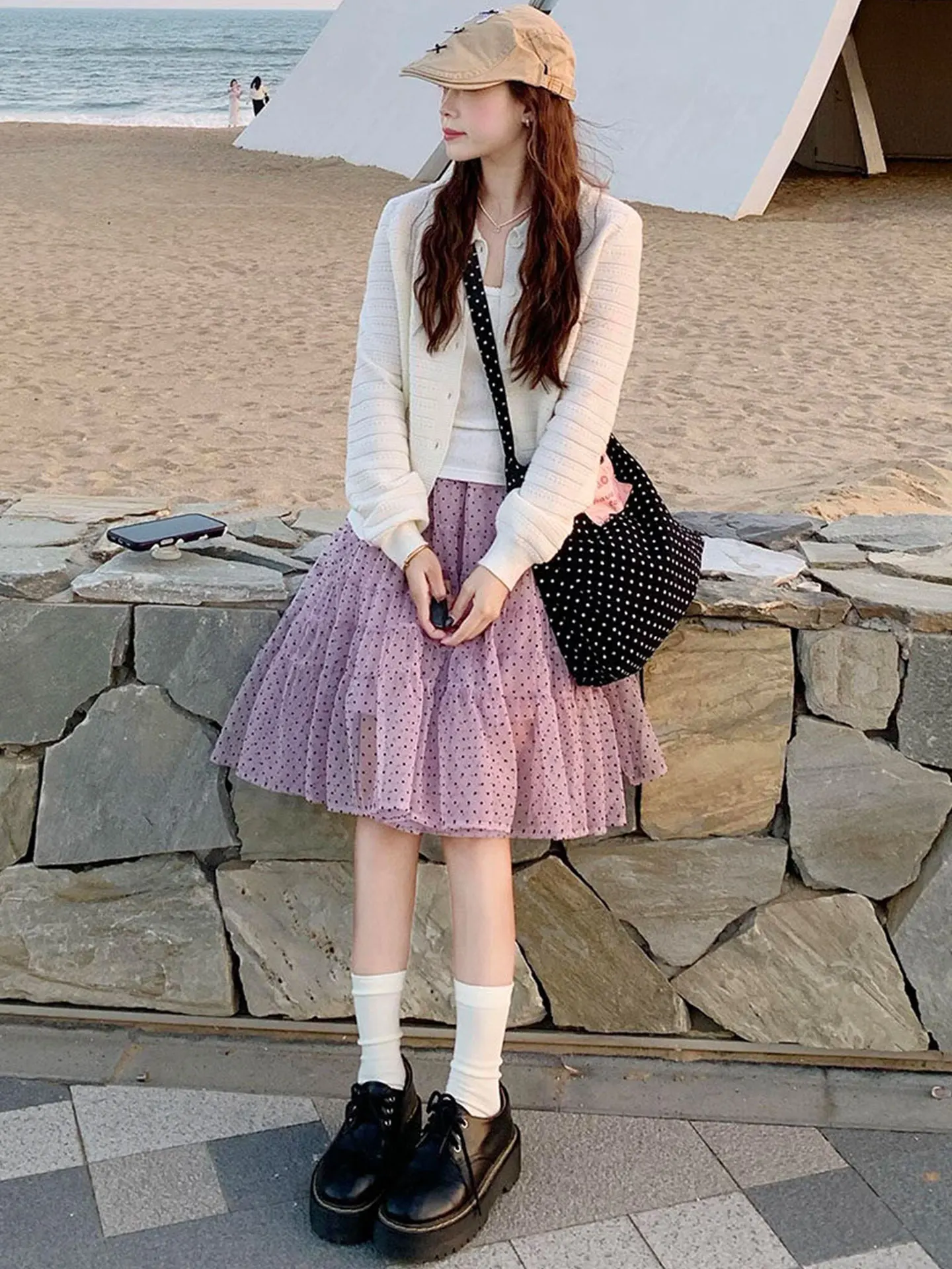 

plus Size Women's Sweet Young Looking Polka Dot Mesh Skirt Summer Fashion Layered Cake Skirt High Waist Elastic Waist Polyest...