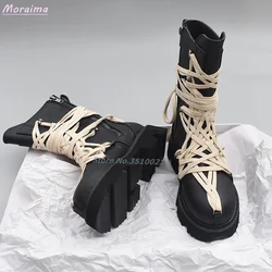 Lace-Up Round Toe Cool Boots Mid-Calf Leather Cross Strap Side Zipper Black Zipper British Style Casual Women Shoes Fashion New