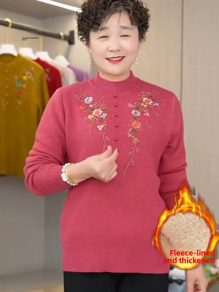 

Утепленный термовязаный свитер с вышивкой для мам, осенне-зимний теплый базовый слой, вязаный топ с длинными рукавами