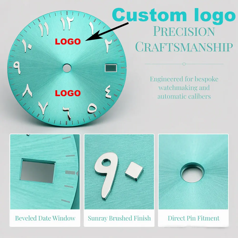 Custom logo and text 28.5mm East Arabic numerals, mint green dial, suitable for NH35 and NH36 automatic mechanical movements