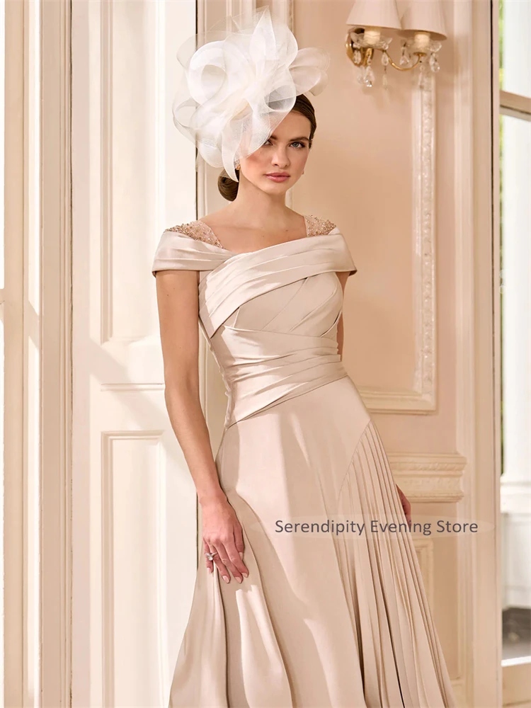Pleated Mother of the Bride Dresses with Pearls Elegant Midi Evening Gowns for Wedding Guest A Line Formal Cocktail Party Dress