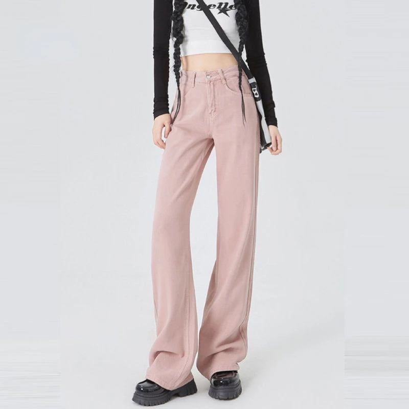 Women Jeans Pink Straight Wide Leg Pants Baggy High Waist Denim Trousers Vintage Y2k Streetwear Korean Style Female Clothing
