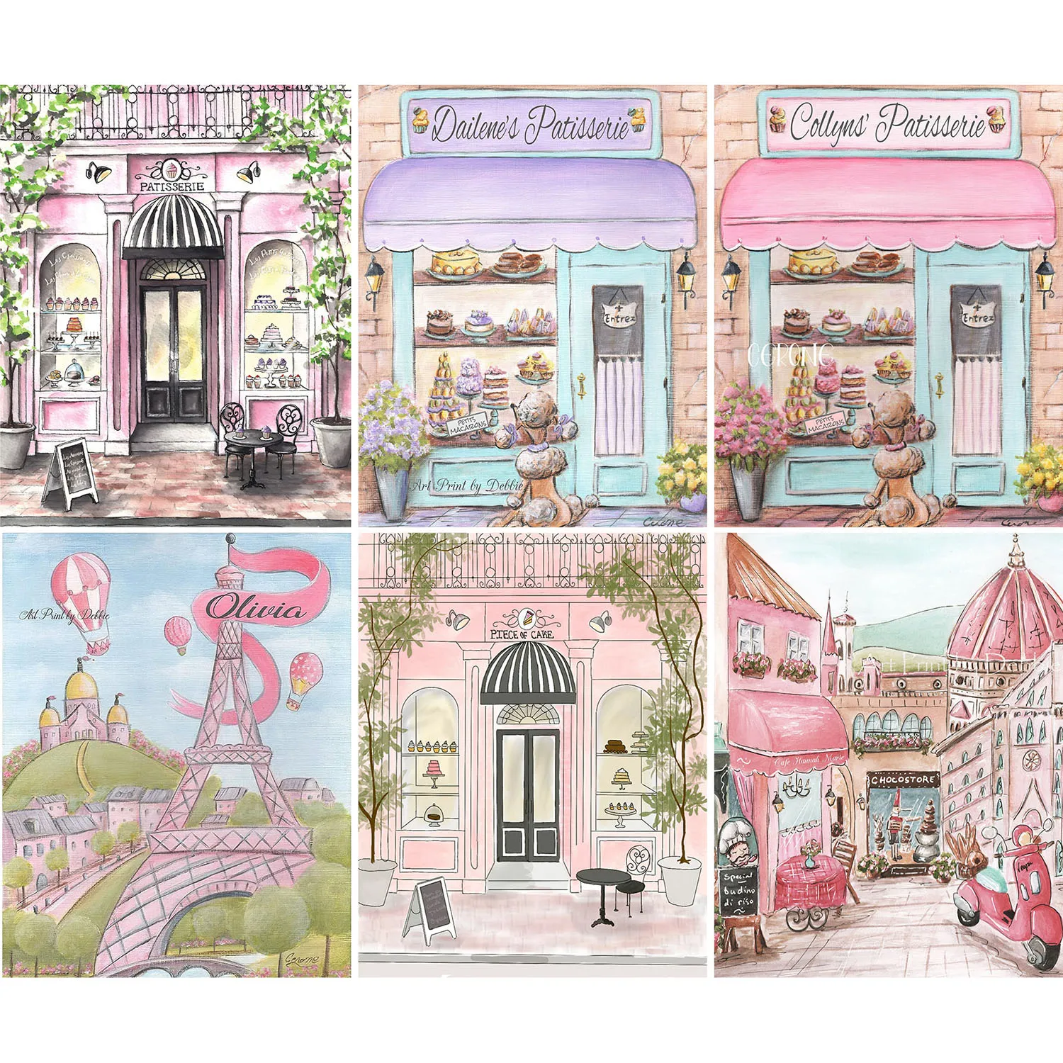 Baby Shower Girls Pink Watercolor Italian Street Town French Cafe Patisserie Flowers Shop Backdrop Home Decoration Background