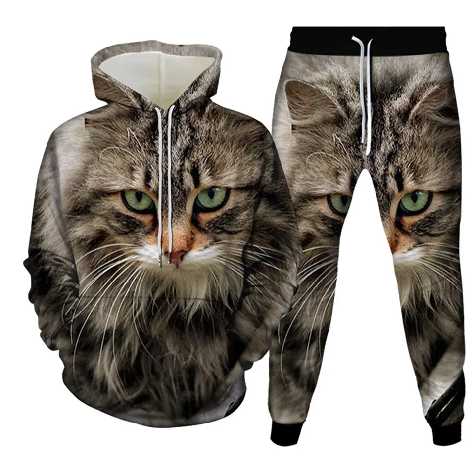 الخريف مضحك الحيوان القط ثلاثية الأبعاد مطبوعة هوديي البدلة الرجال بلوزات Sweatpants موضة عادية قطعتين طقم رياضي رجل الملابس