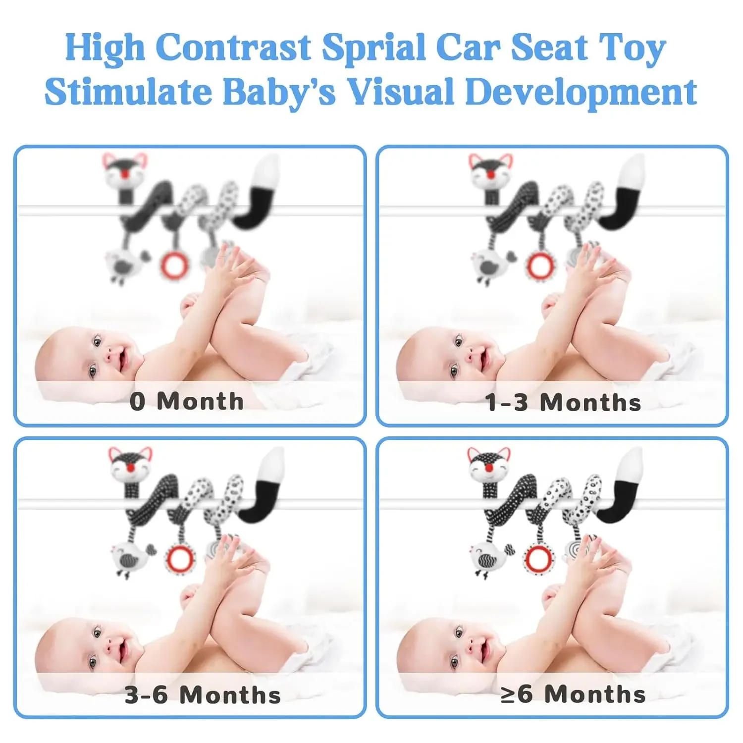 ベビーシート用おもちゃ 0-3ヶ月 乳児用おもちゃ スパイラルベビーカー用おもちゃ、新生児用おもちゃ 白黒ベビーおもちゃ、ベビーベッド用モバイルおもちゃ ﻿