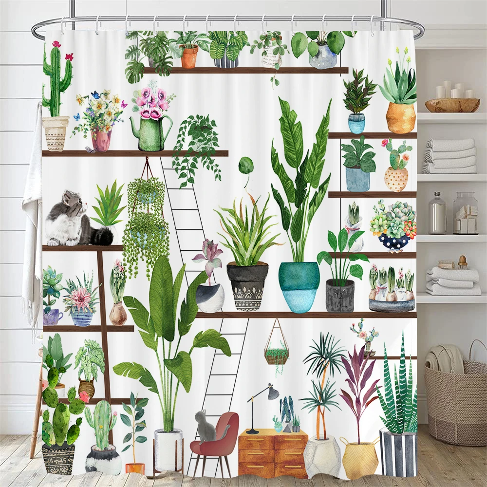 

Modern Watercolor Plant Cactus Floral Shower Curtain with Hooks - Waterproof Shower Curtain for Bathroom Home decoration curtain