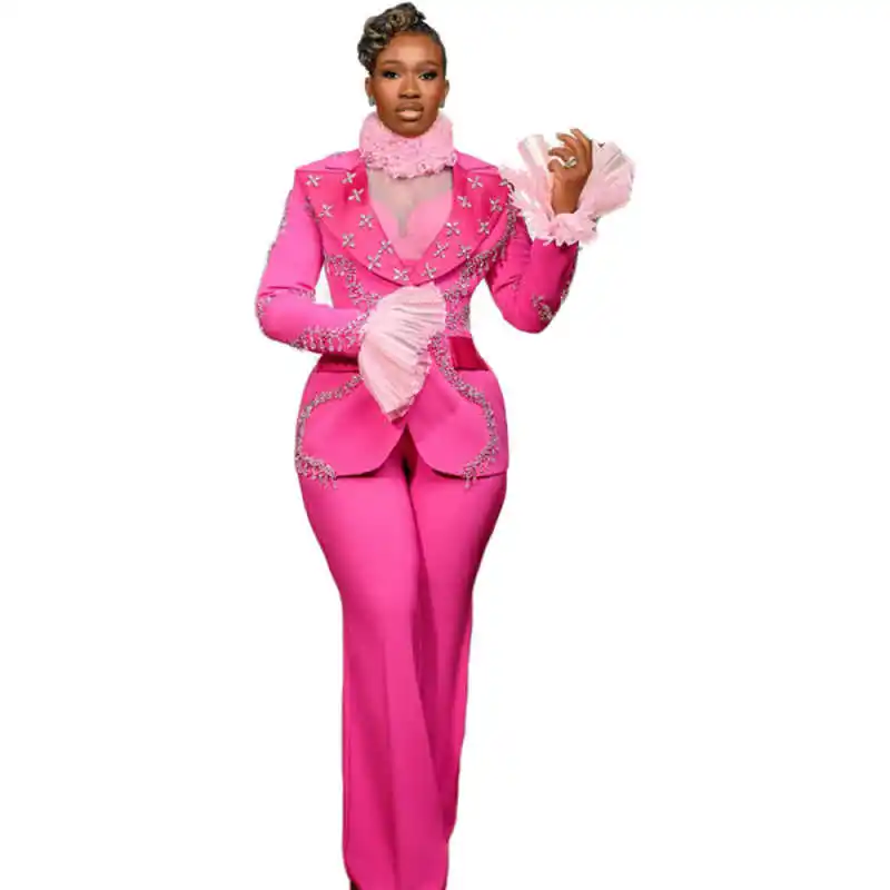 Exquisite Rhinestones Women Suits Wide Leg Pant Plus Size Crystal Blazer Fashion Beaded Suit Customized Prom Party Outfits