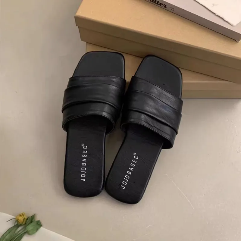 Summer Fashion Slippers for Women Flip Flops Flats New Pleated Korean Slippers Women Sandals Green Slip on Shoes
