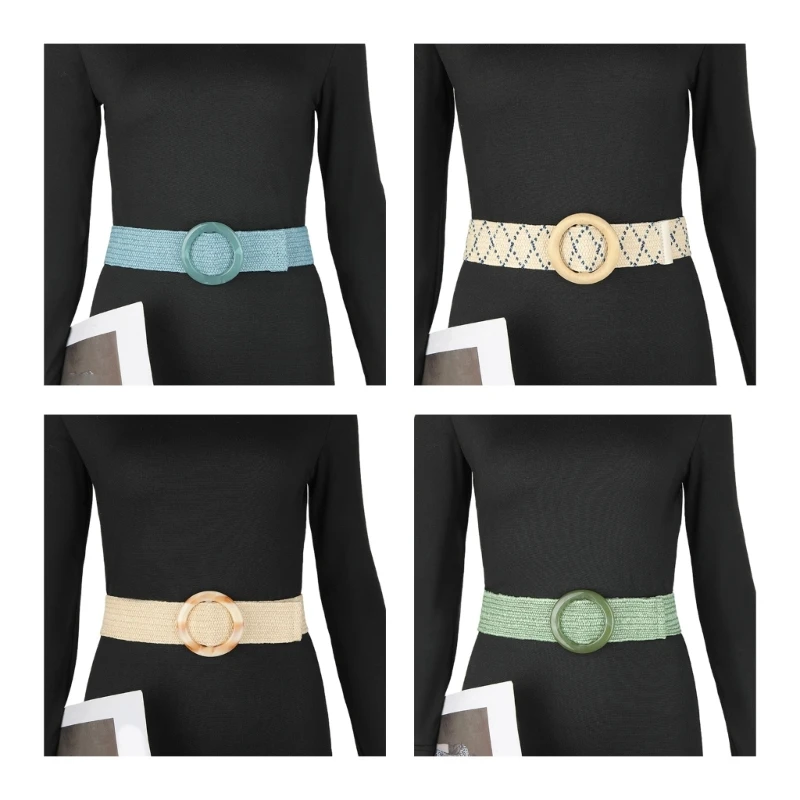 Adjustable Buckle Waist Belt Women Elastic Belt Weave Braided Belt Wide Waistband Colorful Straw Vintage Bohemian