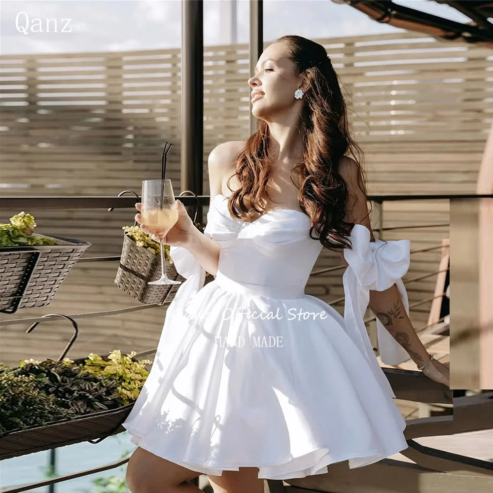 

Qanz Beach White Satin Wedding Dress Bow Strapless Mini A Line Sweetheart Party Dresses Corset Back Rochie De Mireasa Customized