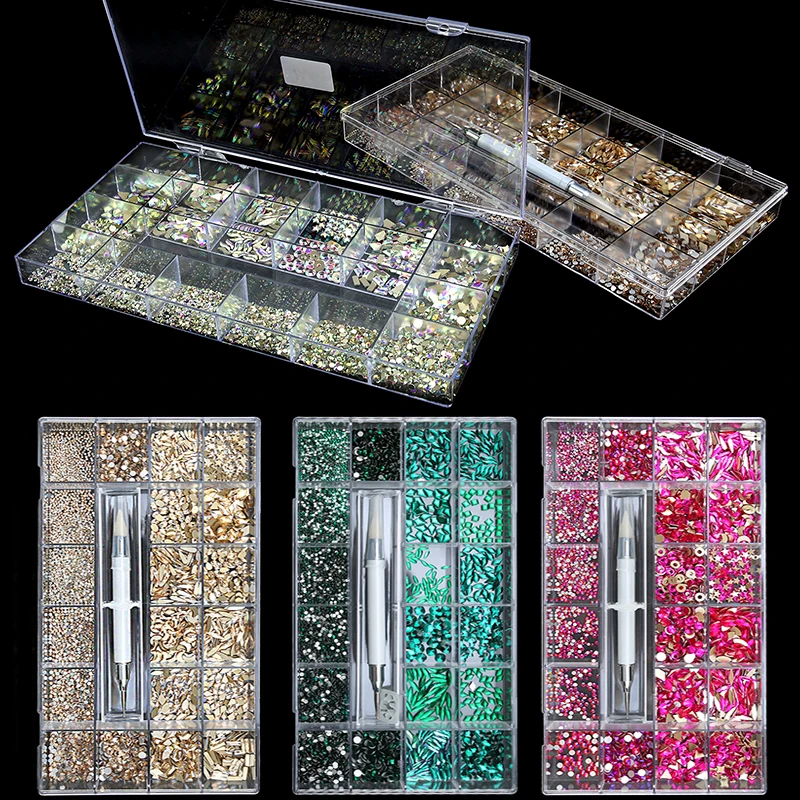 

Luxury 3D AB Nail Crystals Rhinestones Set Gems Diamond Nail Art Decorations For Manicure 21 Shape 1PCS Pick Up Pen 3100PCS