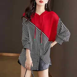 High Street Gestreepte Patchwork Gebreide Overhemd Vrouwelijke Kleding Hooded Trekkoord Lente Herfst Lange Mouwen Koreaanse Losse Midi Blouse