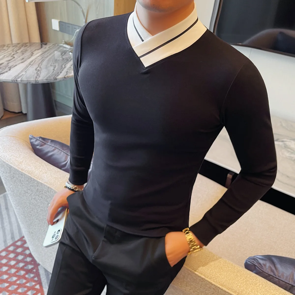 Autumn Winter Men's Fashion V-Neck Long Sleeve T-Shir New Slim Fit Elastic Solid Color Casual Business Versatile T-shirts 4XL-M