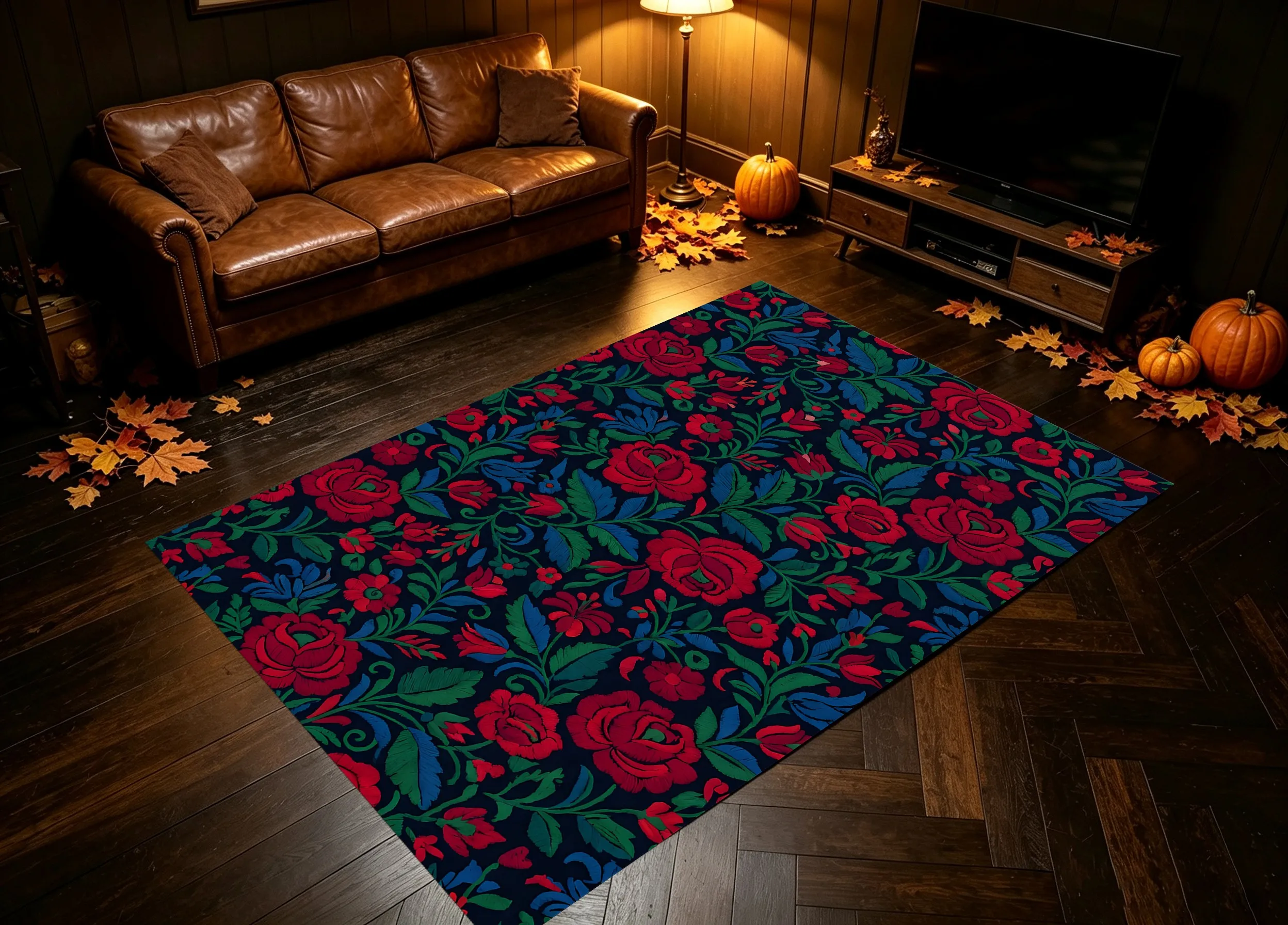 Navy Blue Red Rose Velvet Rug, Vintage American Christmas & New Year Decor for Living Room & Bedroom