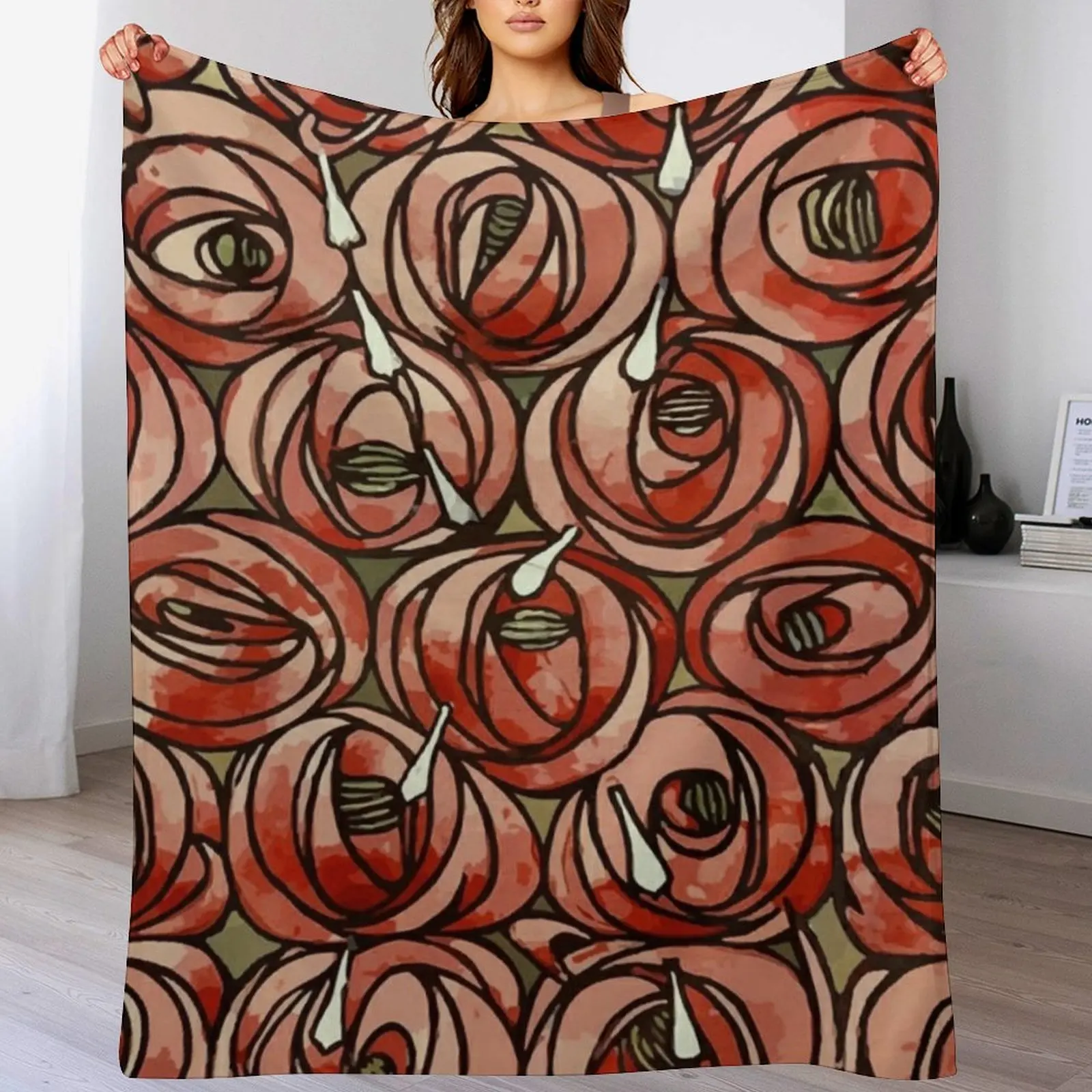 

Charles Rennie Mackintosh Roses and teardrops, red,Mackintosh rose Throw Blanket Nap Picnic Soft Plush Plaid Blankets