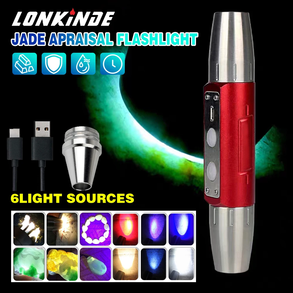 UV 365nm+395nm+Yellow+White LED Flashlight Inspect USB Recharge Built-in 18650 Torch Strong for Emerald Jewelry for Gems Amber