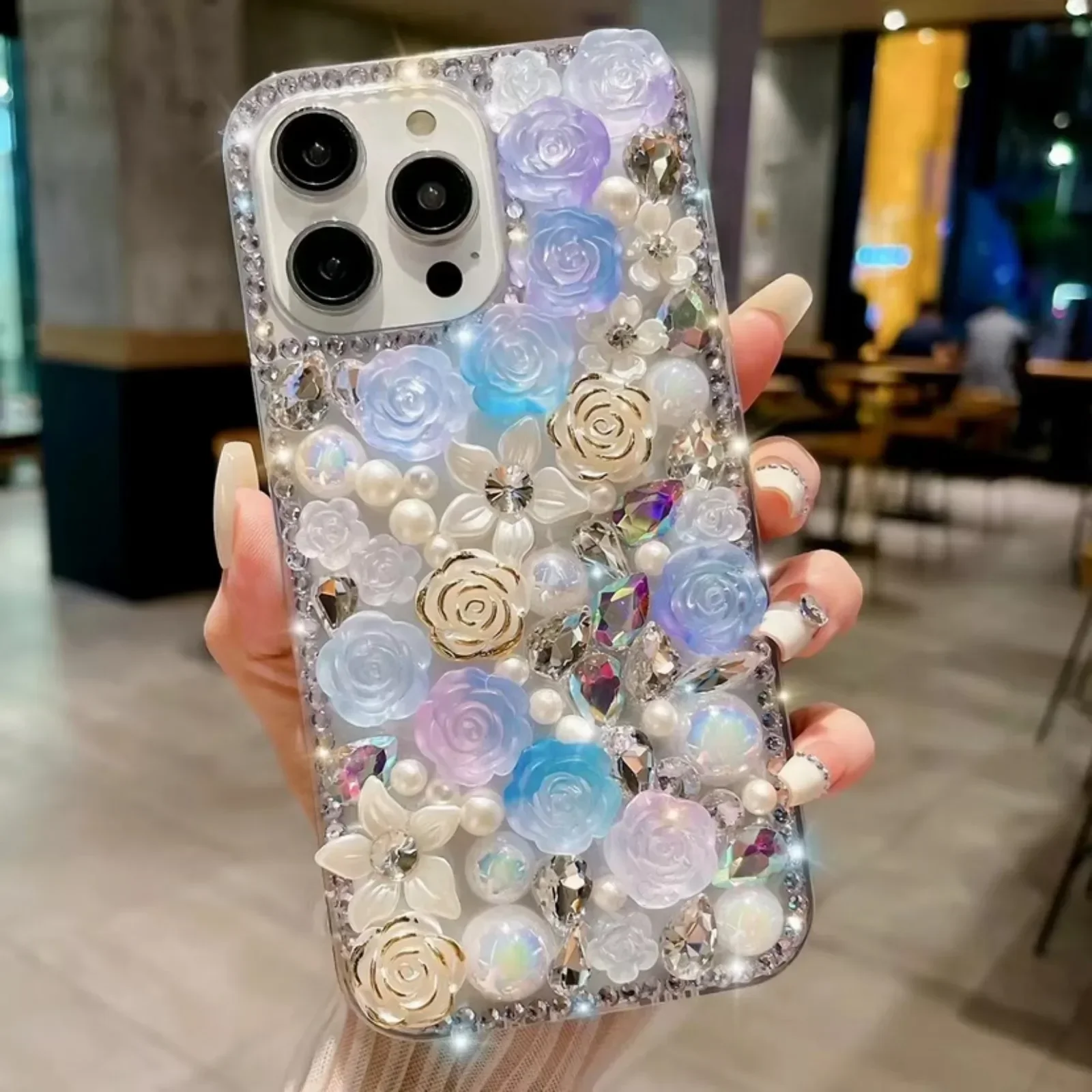 

Fantasy Gradual Rose Diamond Pearl Flower Phone Case For iphone 15Pro 14Plus 13 Pro 12 Mini 11Pro MAX XSMAX XR 7 8 PLUS Cover