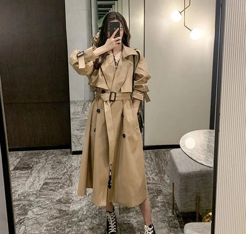 

Women's Mid-Length Casual Khaki Windbreaker Spring Autumn New Style Loose Fit Popular Outerwear Early Autumn Polyester Fiber