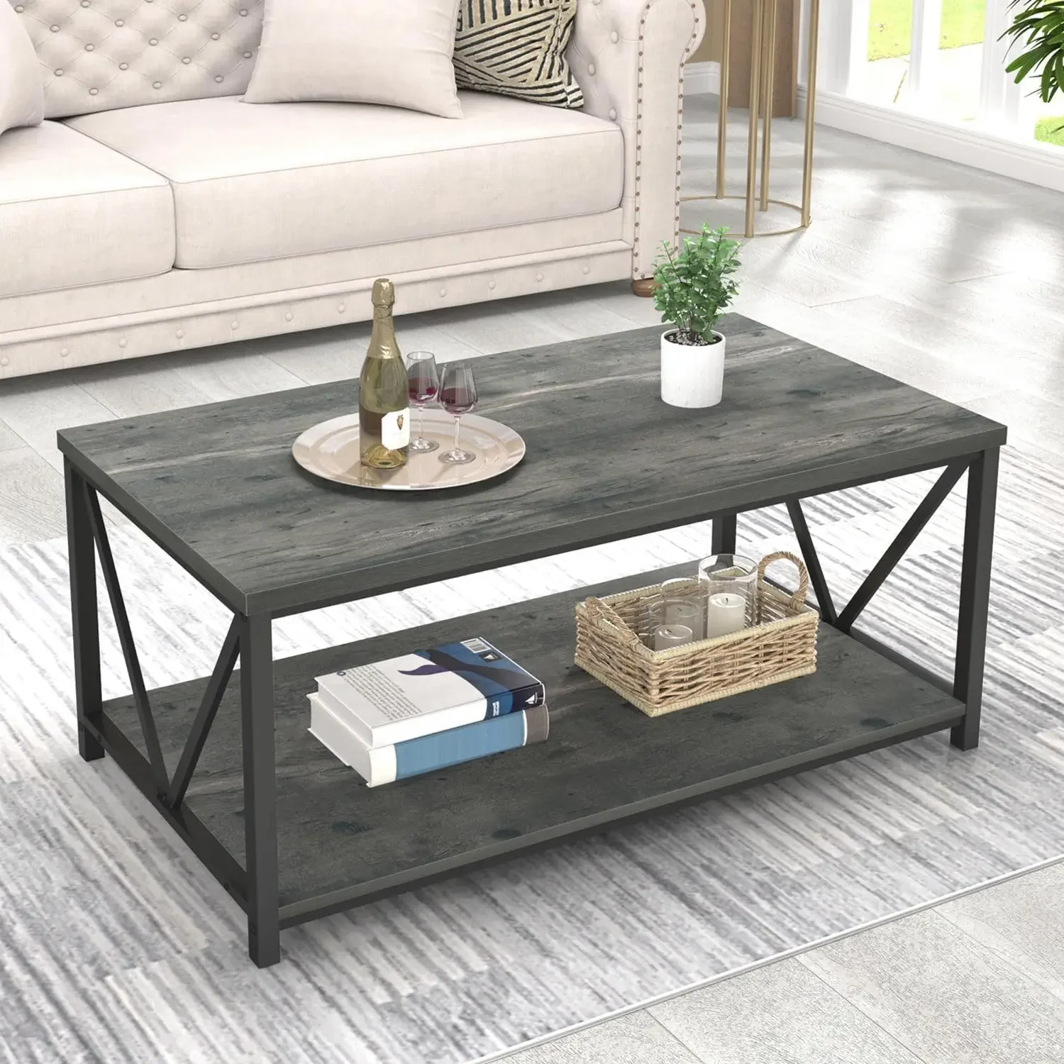 

Coffee Table, Rustic Wood and Metal Center Table for Living Room, 39.3 Inch Grey