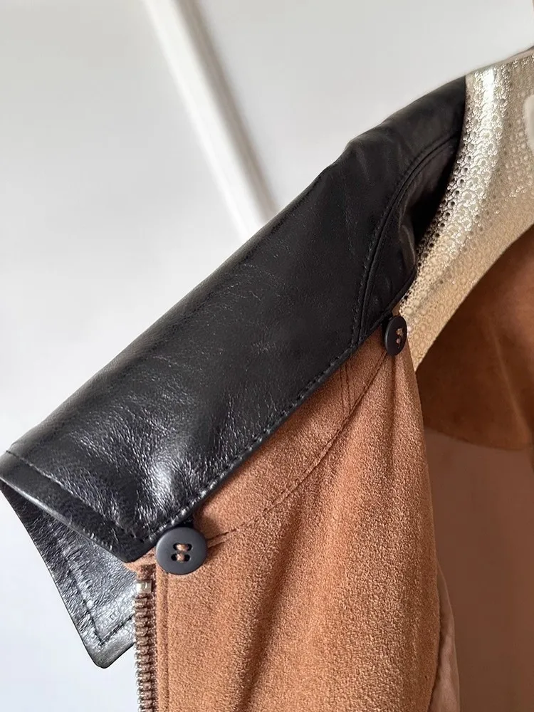 Nuove donne vintage autunno giacca in vera pelle colletto couverture vestibilità ampia casual cappotto corto in pelle di pecora scamosciata di alta qualità femminile