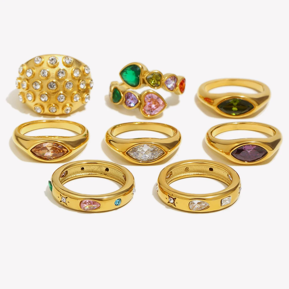 E.B.belle Rectangular Water Droplet Geometric Zircon Bubble Round Top Horse Eye Seal Heart White Colorful Stainless Steel Ring