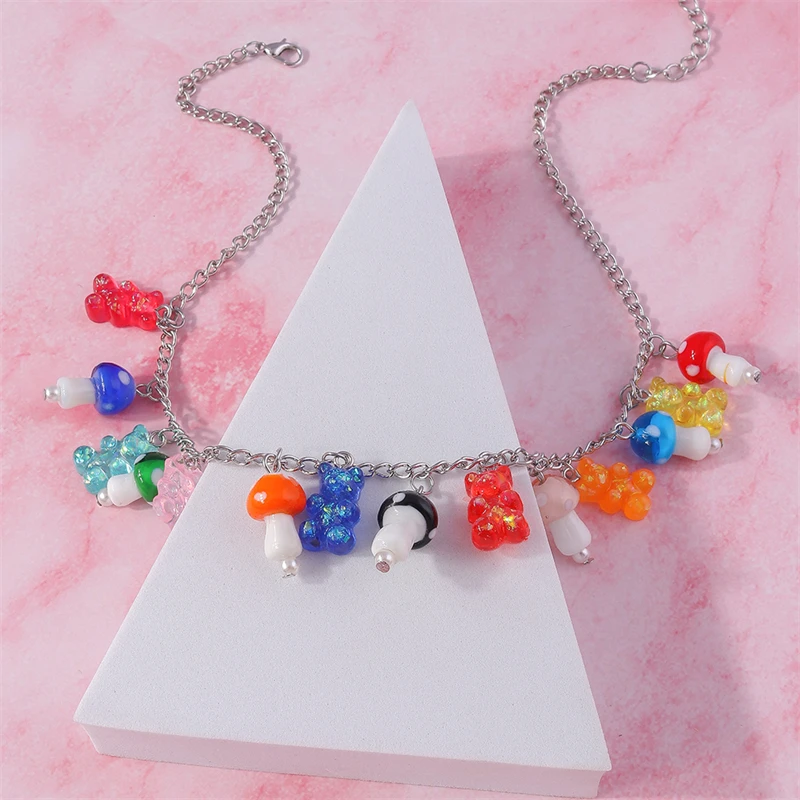 Fashion Mushroom Necklace Cartoon Candy Color Resin Animal Bear Pendant Necklace for Women Girl Party Jewelry Gifts
