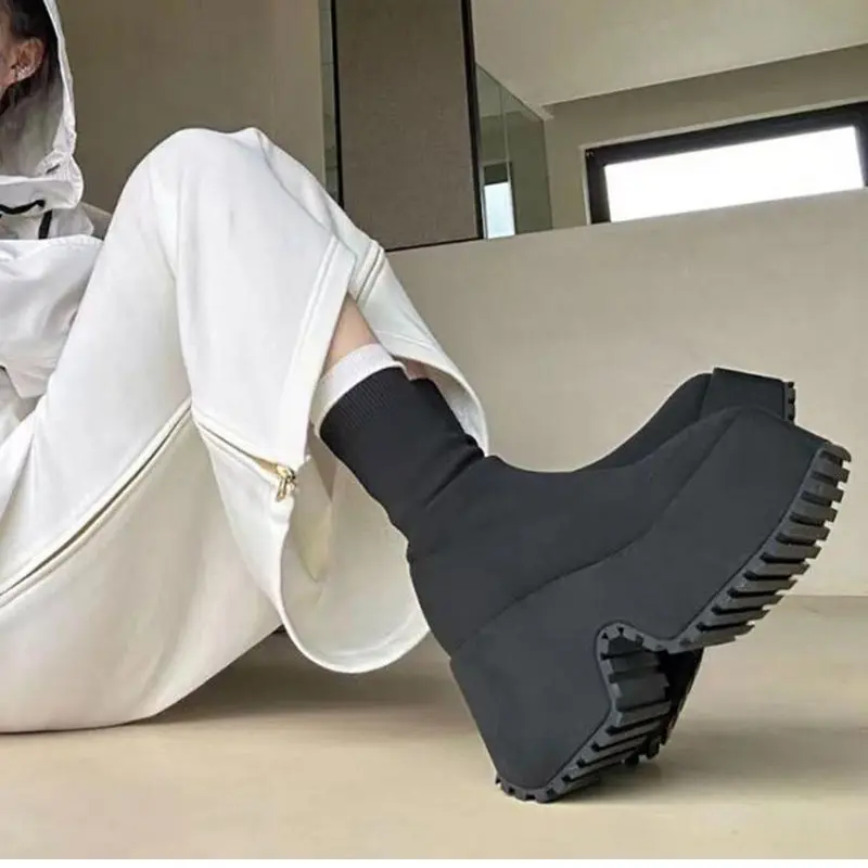 2023 Spring and Autumn New Knitted Stretch Socks Women\'s Platform Gradient Skinny Elevator Ankle Boots