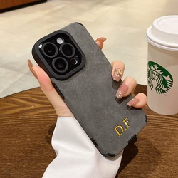Personalized Initials Customized Name Case For iPhone 16 15 14 13 12 Pro Max Luxury suede Leather DIY Engraved Cover 11 Pro Max