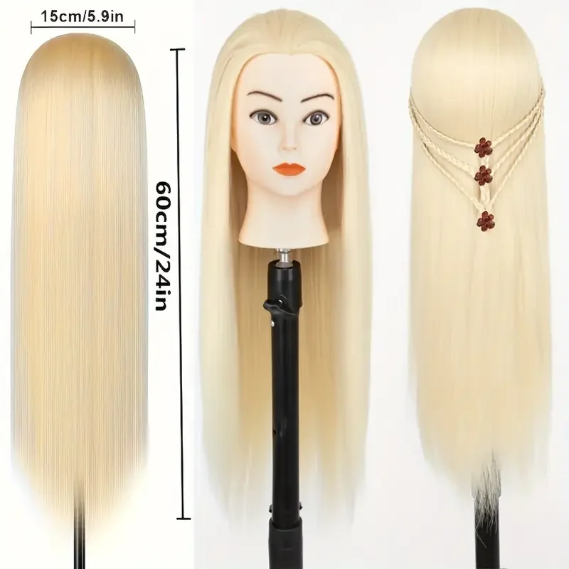 رأس عارضة أزياء مع 11 قطعة من قاعدة حامل مشابك الشعر شديدة التحمل، أدوات تجديل - لصالونات التجميل ومجموعة ممارسة مدرسة التجميل