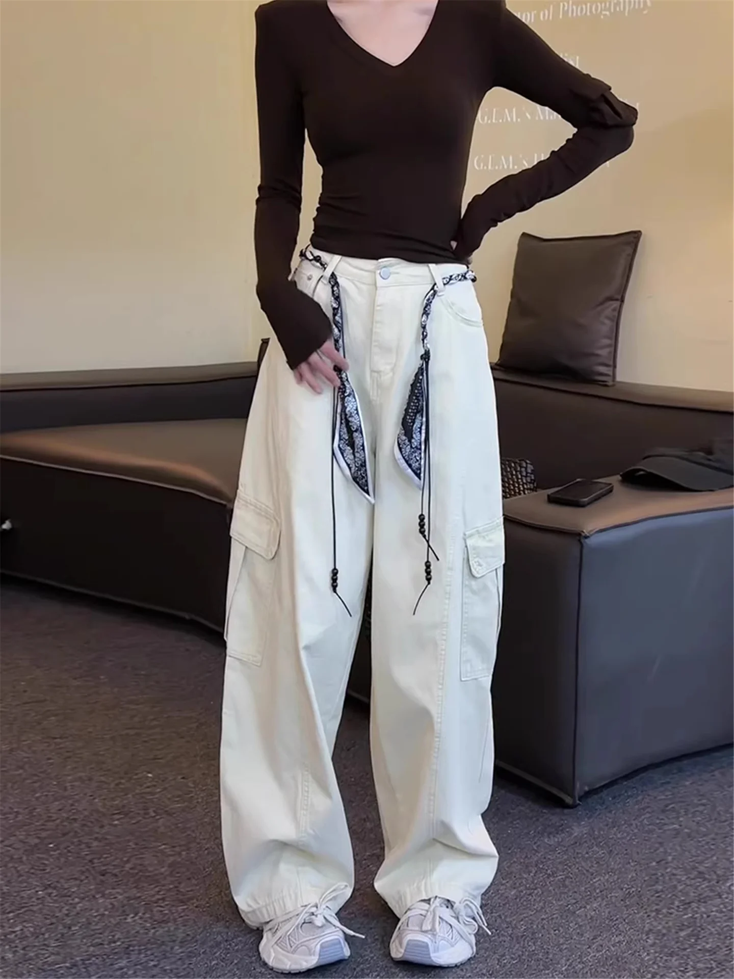 

American Retro Workwear Jeans High Waist Loose Slimming Tall Extended Multi-Pocket Wide Leg Pants Women's Casual Cotton Spring