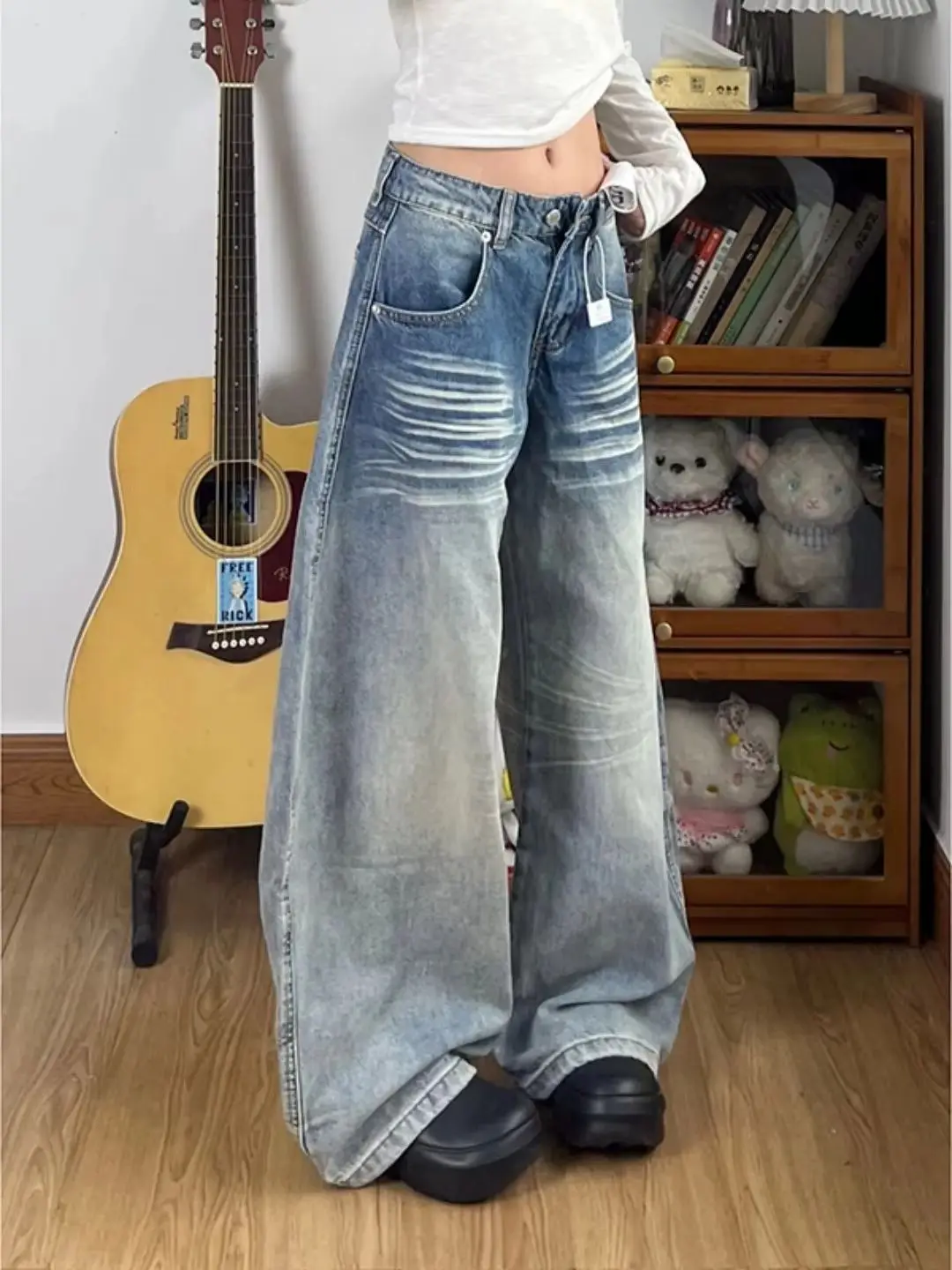 Y2k inverno jeans feminino grosso velo forrado calças de cintura alta perna larga baggy em linha reta calças compridas americano retro lavado denim