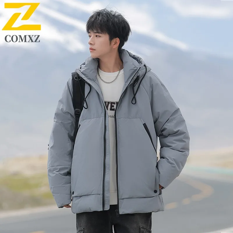 COMXZ Men's Cotton Padded Jacket New Trendy Loose Solid Color Hooded Travel Padding Coat Snowy Comfortable Outdoor Padded Jacket