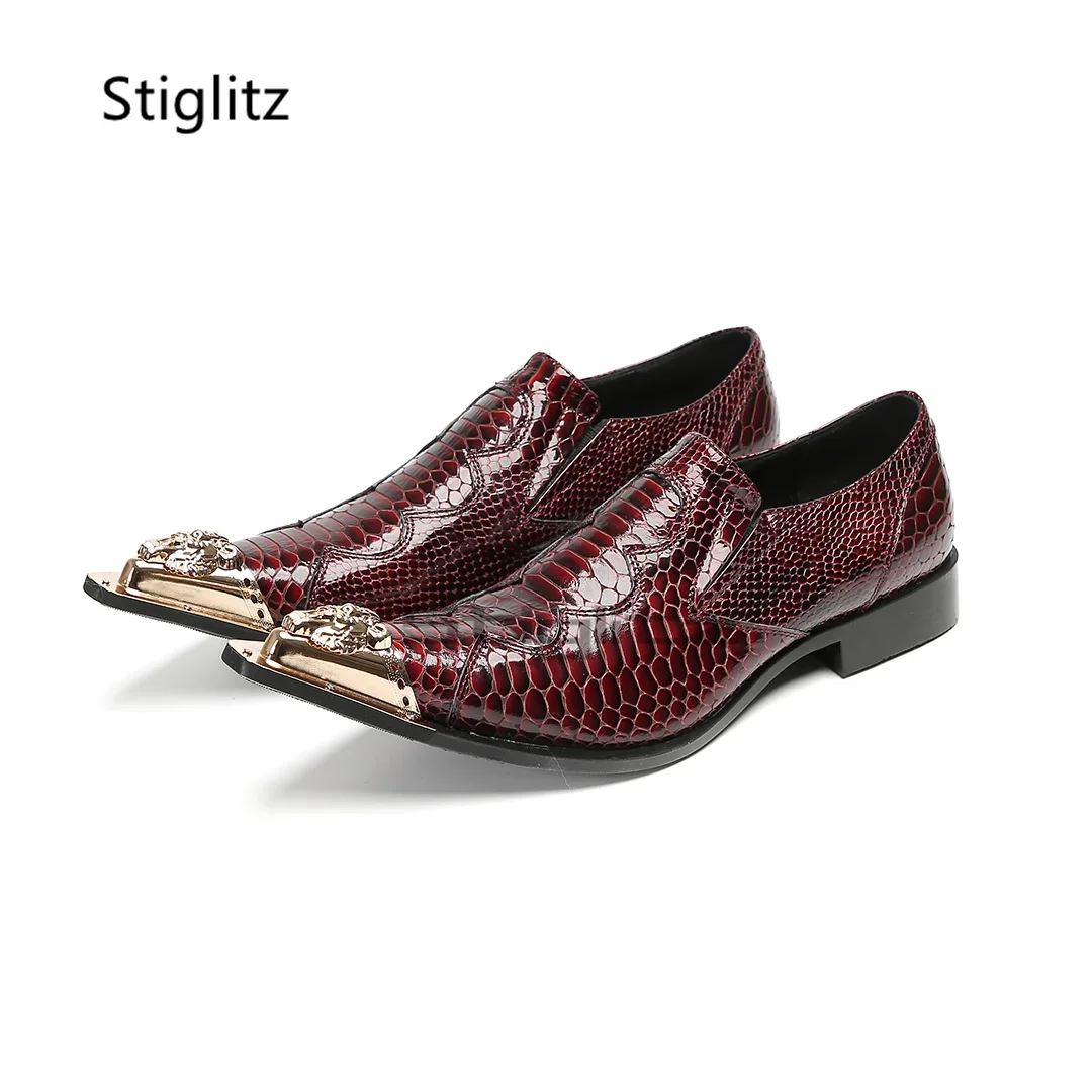 Men's Metal Pointy Toe Dress Shoes Burgundy Snake Pattern Genuine Bright Leather Low Heel Business Banquet Party Wedding Shoes