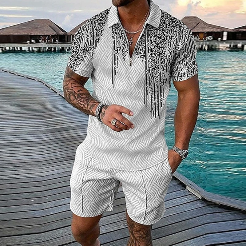 Men's Fashion New Sportswear Printed Stripes Oversized Men's Loose Zipper Lapel Top Summer Casual Breathable Refreshing Suit