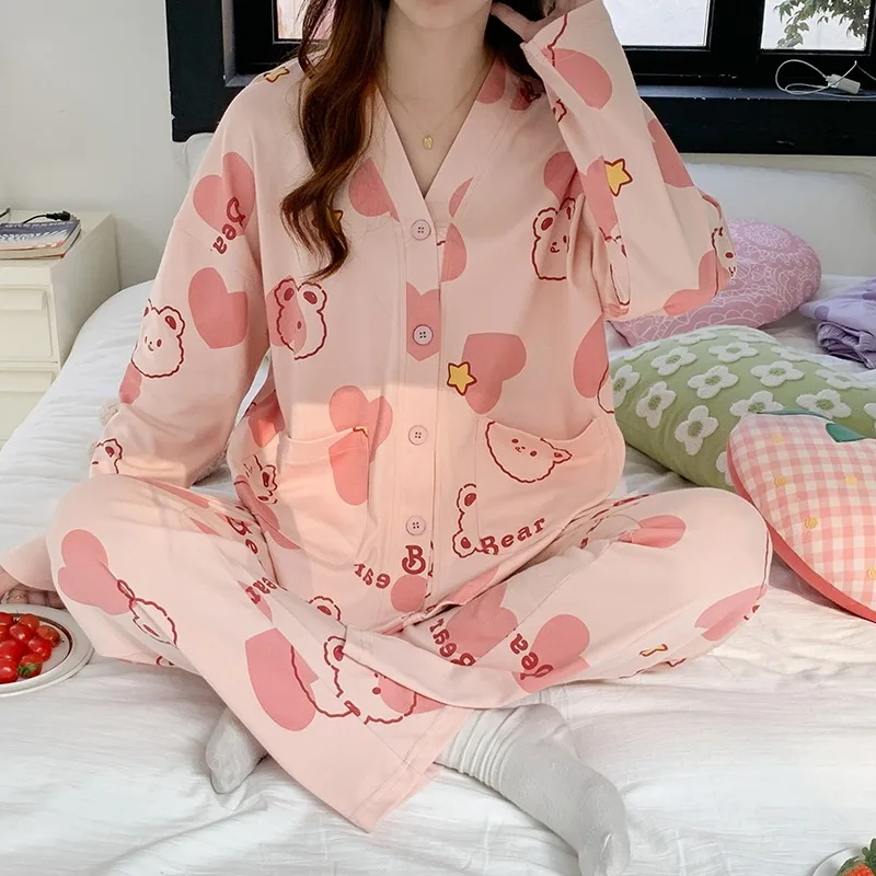 Bear Star Pajamas Set Women Long Sleeves Long Pants Autumn Winter Cute Kawaii Sleepwear Woman Pyjamas Girls Pijamas Soft Cozy Pj