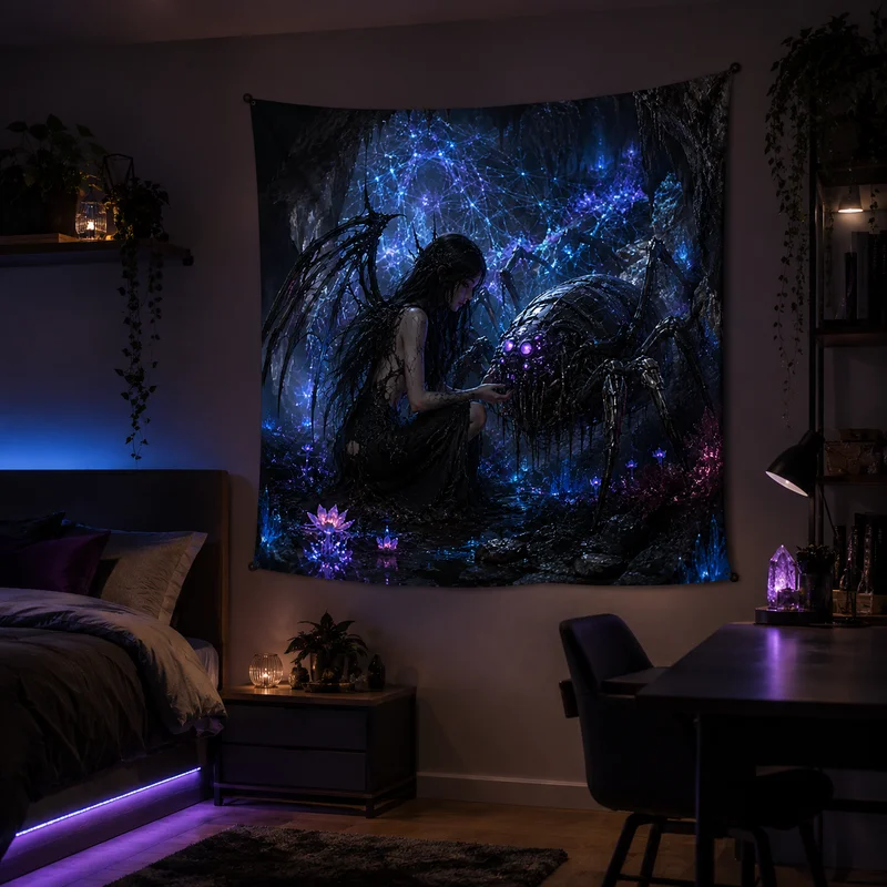 VIKAMA Skeleton Dark Angel Tapestry, Cyberpunk Gothic Warrior Mechanical Wings Wall Hanging, Sci-Fi Esports Room Wall Decoration