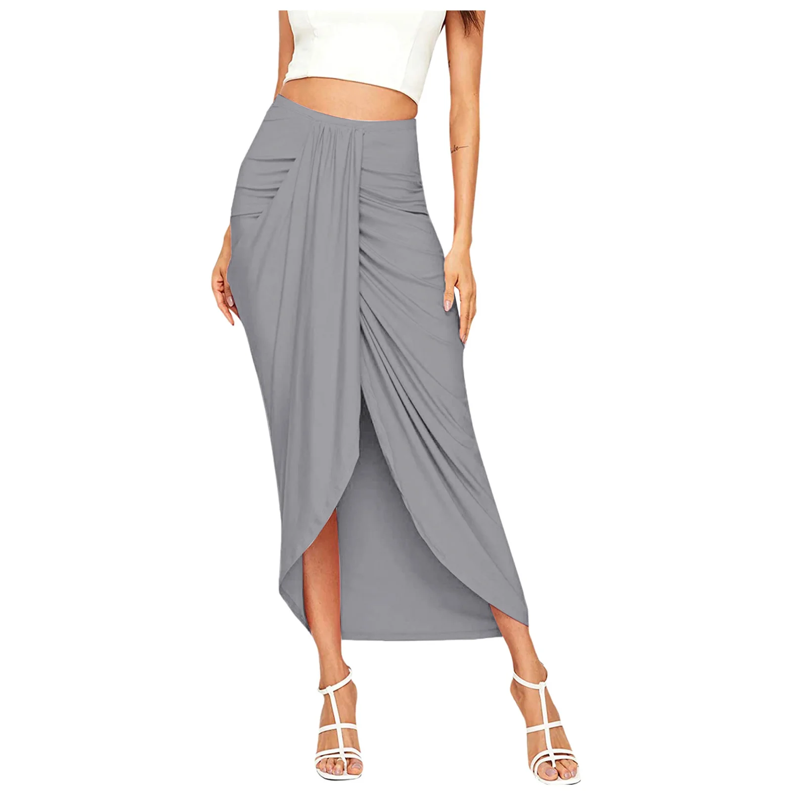 Women's Casual Slit Wrap Asymmetrical Elastic High Waist Maxi Draped Skirt