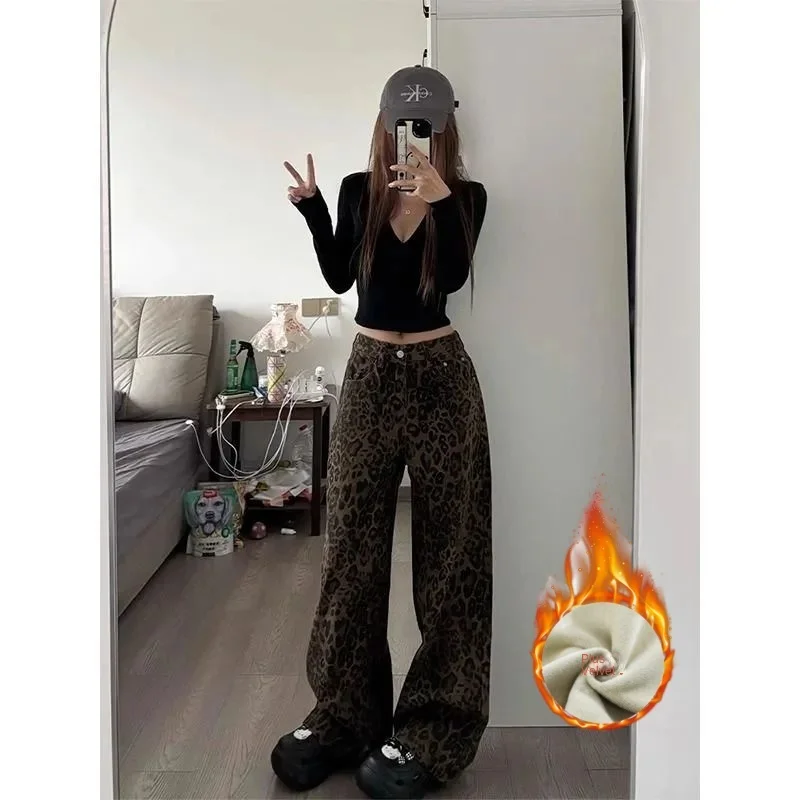

WomenS Jeans Y2k Jeans 2025 Winter Flannel Lined American Style Loose Straight Leg Casual Floor Length Retro Leopard Wide Leg