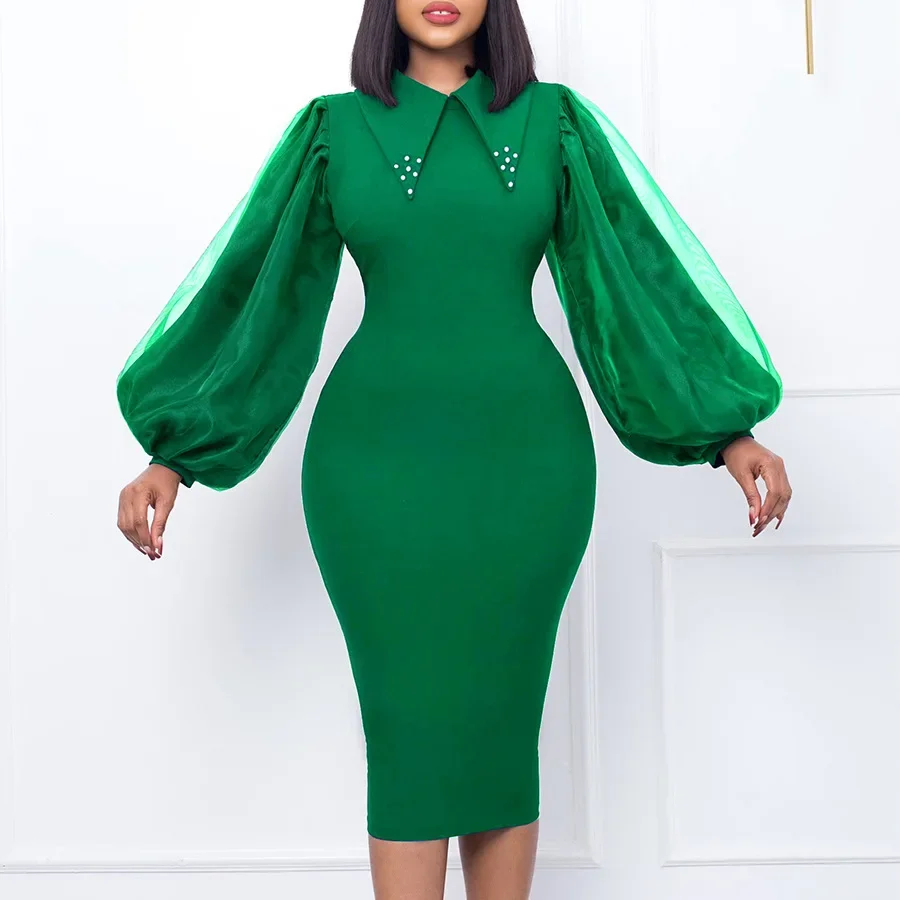 African Dresses for Women Spring African Women Long Sleeve Red Green Dark Blue Polyester Knee-length Dress African Clothes
