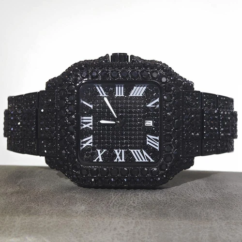 Imagen 1 del producto Reloj UNIGUET Cool para hombre, reloj de cuarzo de acero inoxidable de lujo, reloj de pulsera helado de moda con diseño cuadrado de diamante negro de Hip Hop para hombre