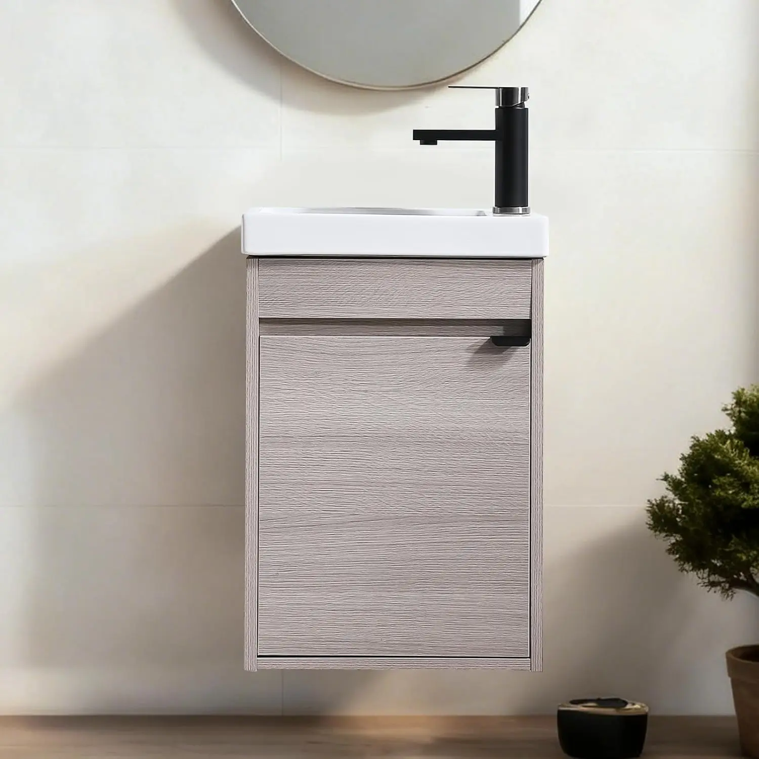 

16" Wall Mounted Vanity Cabinet with Ceramic Basin, Forest Oak Finish, Small Space, Customized