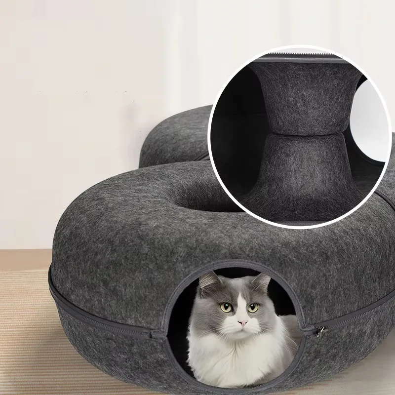 Round Tunnel Bed with Zipper Design – Felt Donut Convertible Pet House for Cats