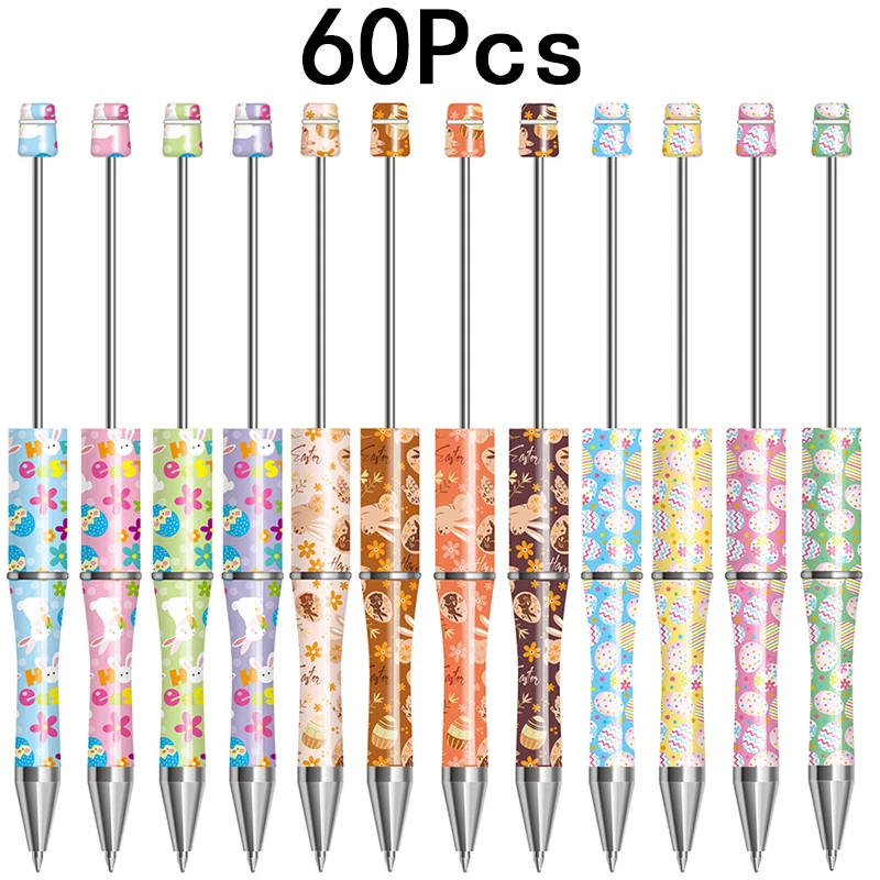 

60Pcs Easter Bunny Clover Beadable Pens Beadable Ballpoint Pens Plastic Black Ink Bead Pen for Kids Students Office Supplies