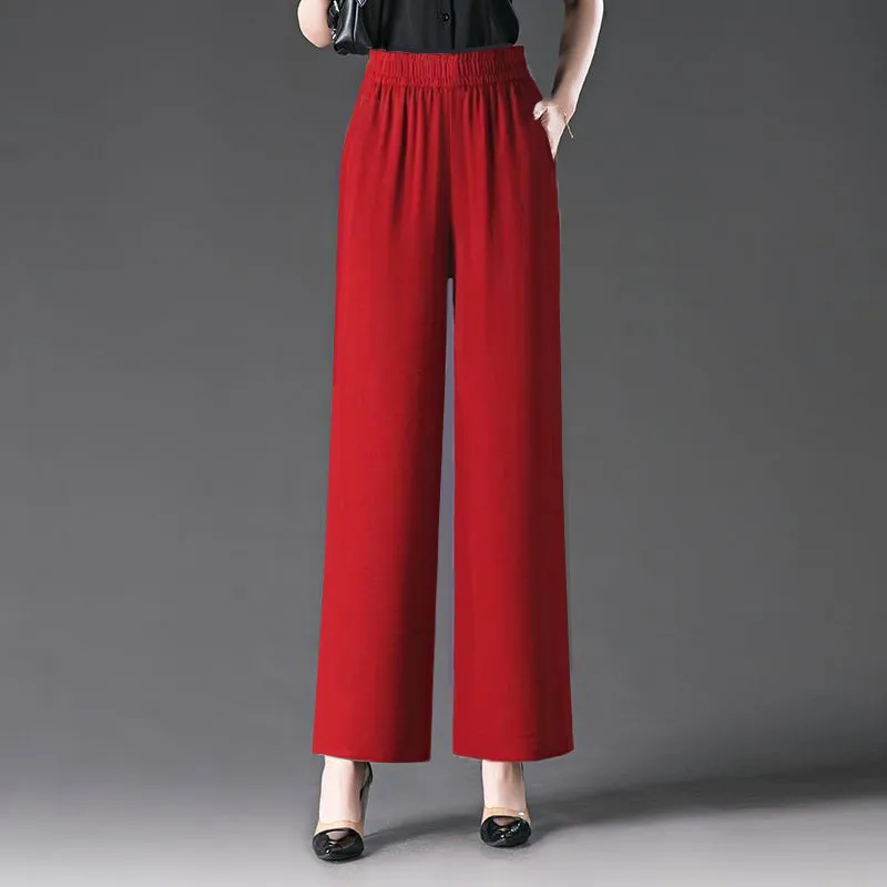 Straight-leg ice silk wrinkled red