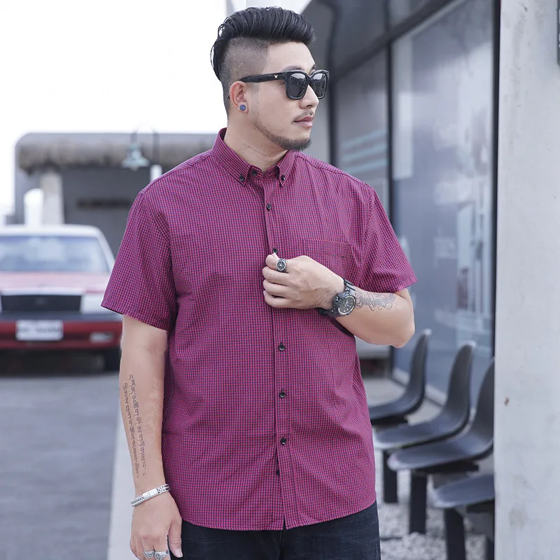 Плюс размер L-10XL Повседневная мужская рубашка в клетку с коротким рукавом Футболки с воротником на пуговицах Синий Зеленый Топ Рубашки Свободная мужская толстая одежда