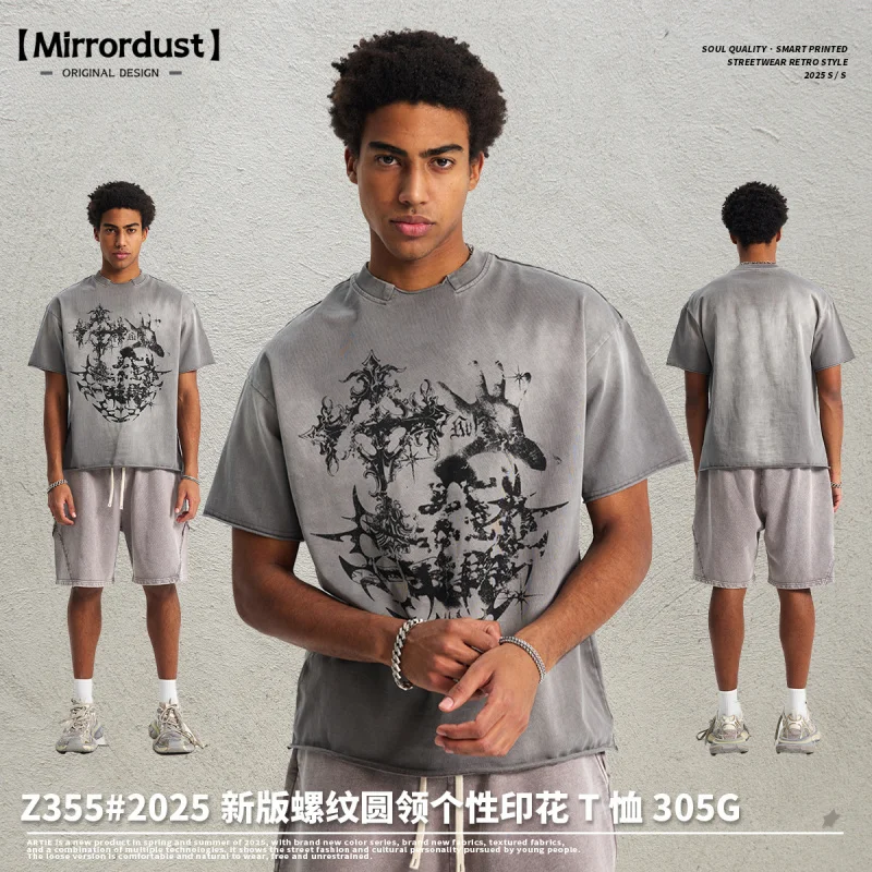 

【Mirrordust】25Summer New High Street StyleinsMen's Cotton Short Sleeve Personalized Street PrintTT-shirt