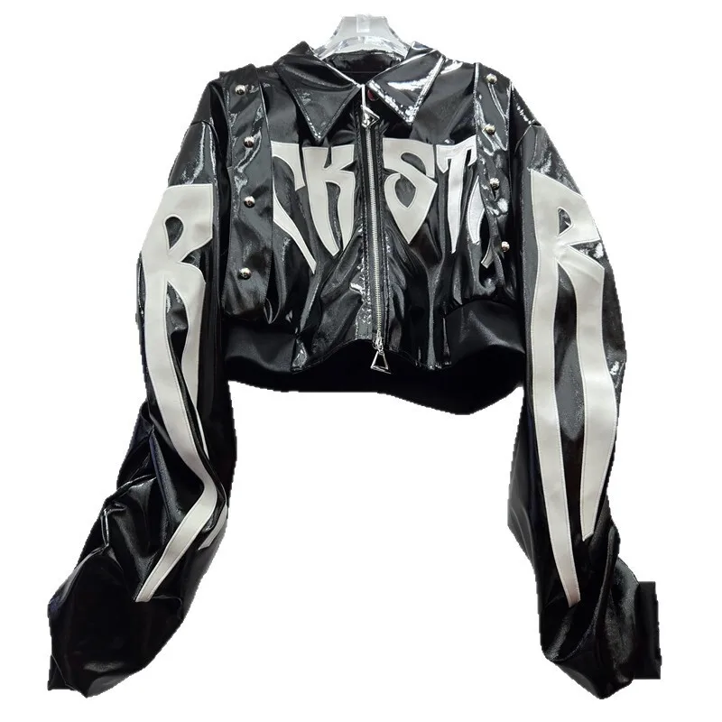 HKSH printemps automne nouvelles femmes veste courte Faux cuir lettre broderie Rivet Double fermeture éclair Streetwear américain élégant HK12019