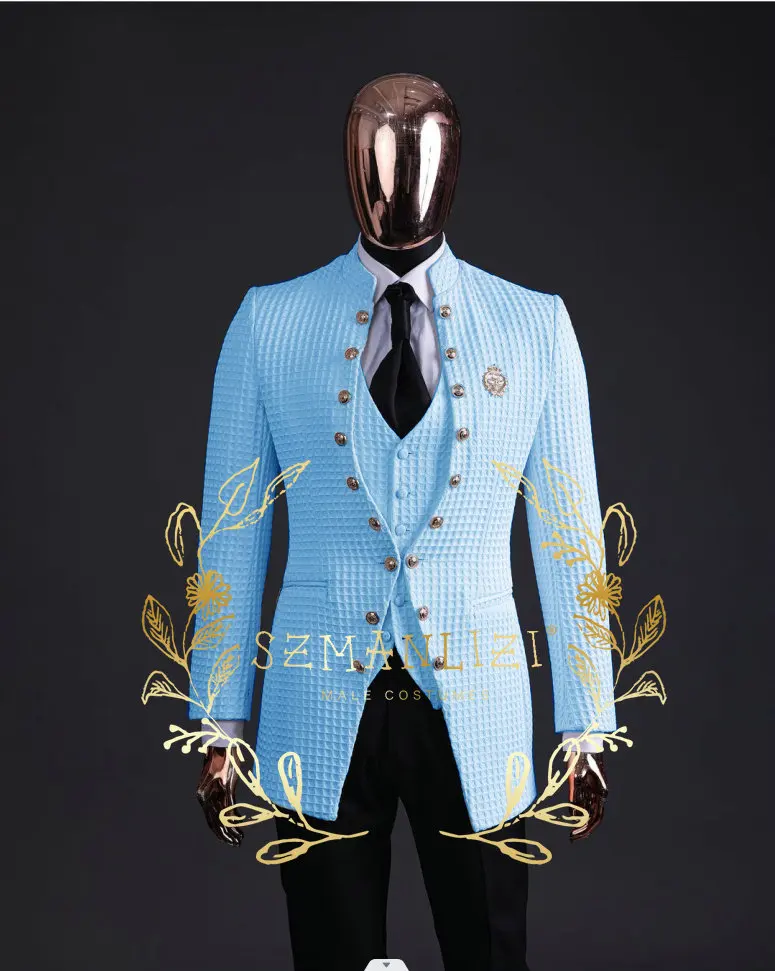 Handsome Plaid Rim Stage Men Suit For Wedding 3 Pieces Set Stand Collar Formal Groom Tuxedos Party Costume (Jacket+pants+vest)