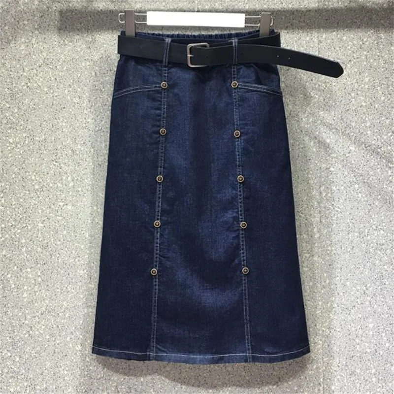 

Denim skirt 2022 spring and summer new high waist fashion double breasted mid-length elastic A-line skirt